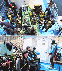 Preparing to dive on Baikal diving boat