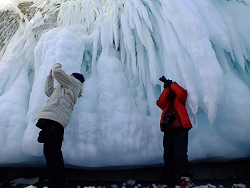 Icycles near the frozen caves of Baikal